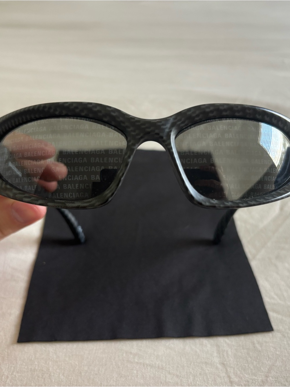 Balenciaga Black Carbon-Effect Oval Sunglasses with Logo Lenses